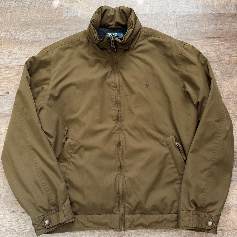 Polo Ralph Lauren Harrington Bomber Jacket Med Olive Brown Hooded Fleece Lined